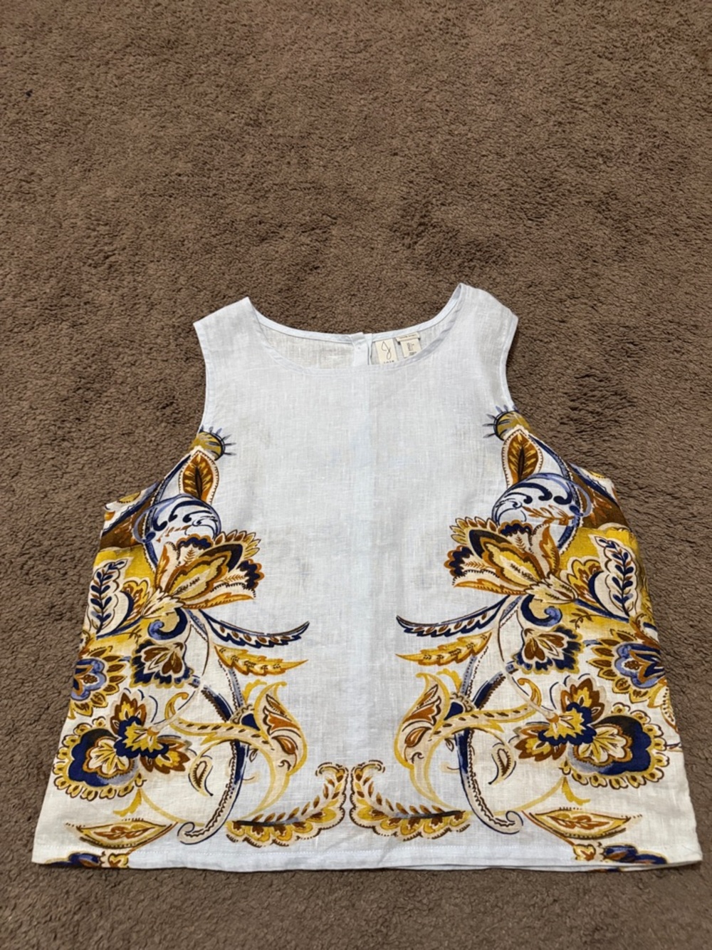Joie Linen Sleeveless Blouse-Sz L-Blues/White/Brown Scroll-Button Up Back-EUC - Picture 12 of 16
